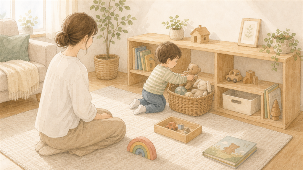 少ないおもちゃを子どもが戻しやすい収納に片付ける様子