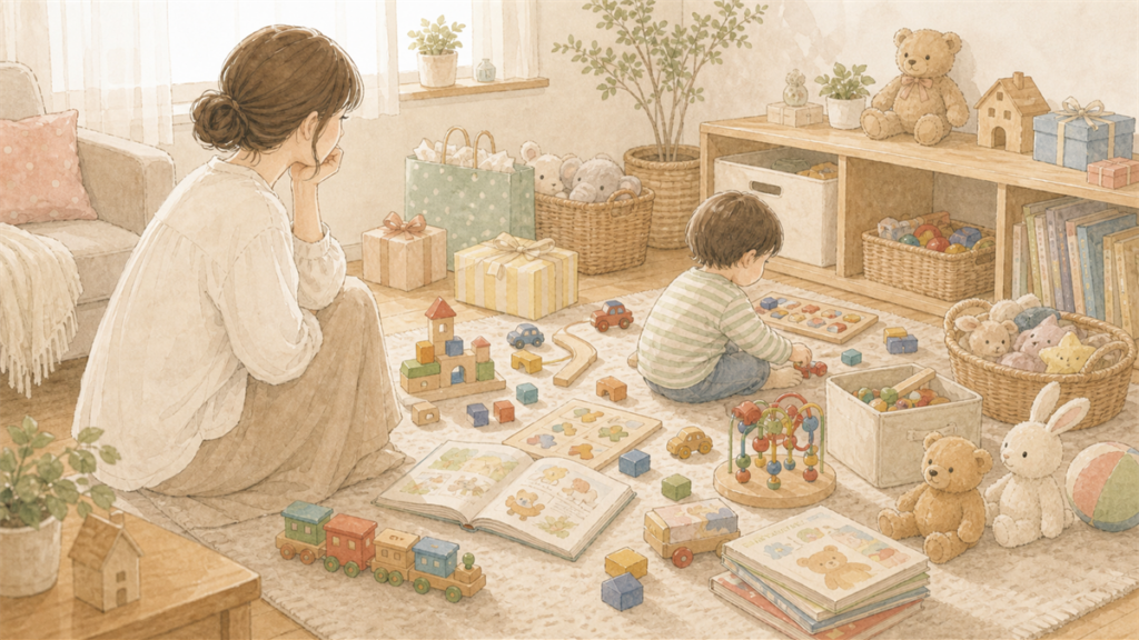 子どものおもちゃが自然と増えているリビングの様子