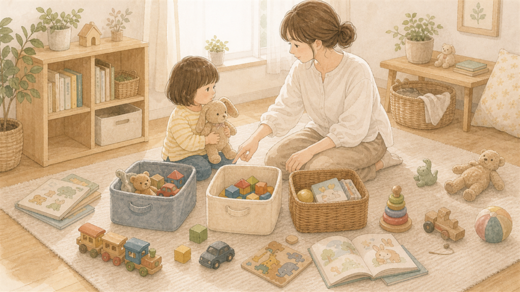 親子でおもちゃを無理なく選び分ける様子