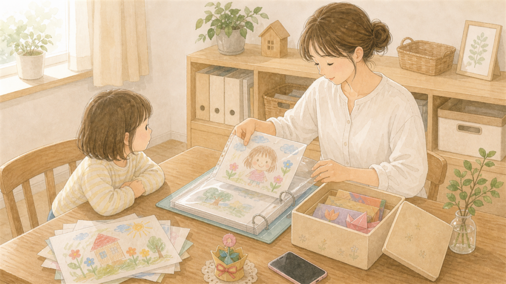 子どもの作品をファイルや思い出箱に保管する様子 キャプションは今回もなしで大丈夫です。