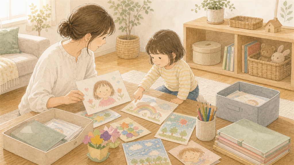 親子で残しておきたい作品を選ぶ様子