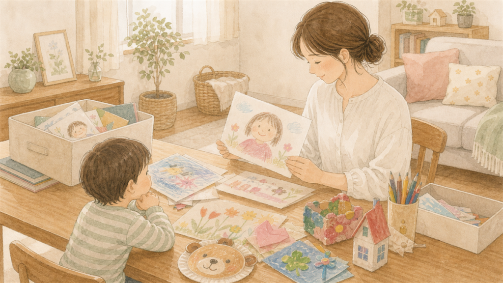 子どもの絵や工作を大切に眺める親子の様子