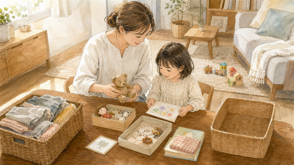 親子でおもちゃや思い出の品を選びながら整理しているイラスト