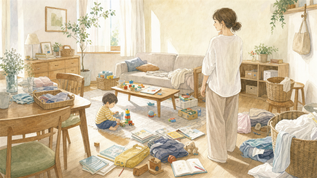 子どもの物が増えたリビングを見守る母親と遊ぶ子どものイラスト