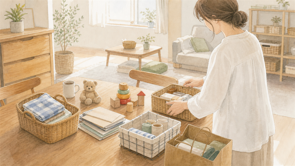 暮らしに必要な物を見直して整理しているイラスト