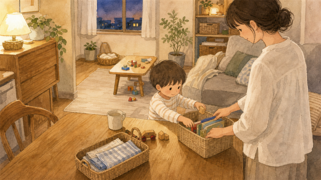 親子で一日の終わりにおもちゃを戻しているイラスト