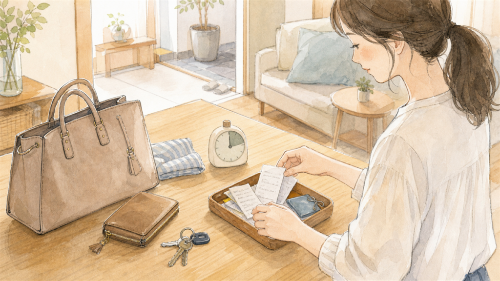 バッグや財布の中を短時間で整理しているイラスト