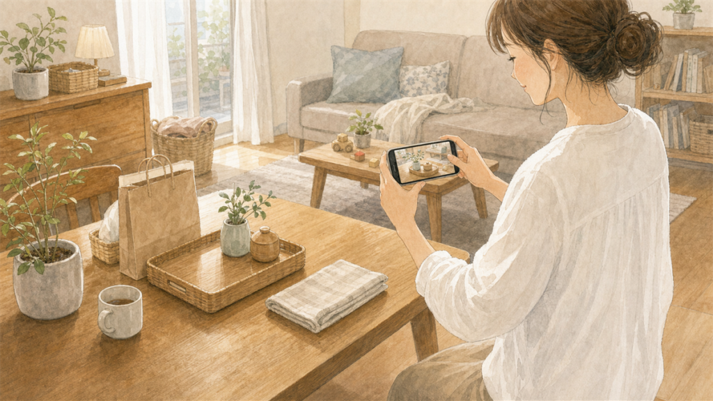 片付いた小さな場所をスマホで記録しているイラスト