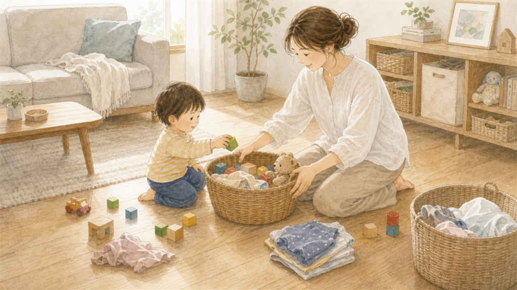 親子で床のおもちゃをかごに集めて片付けているイラスト
