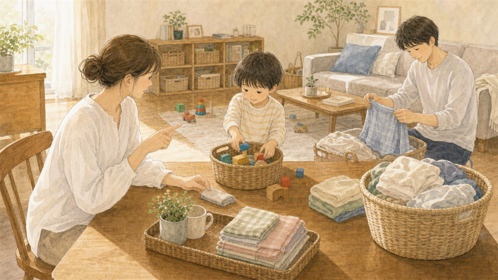 家族で短時間の片付けを分担しているイラスト