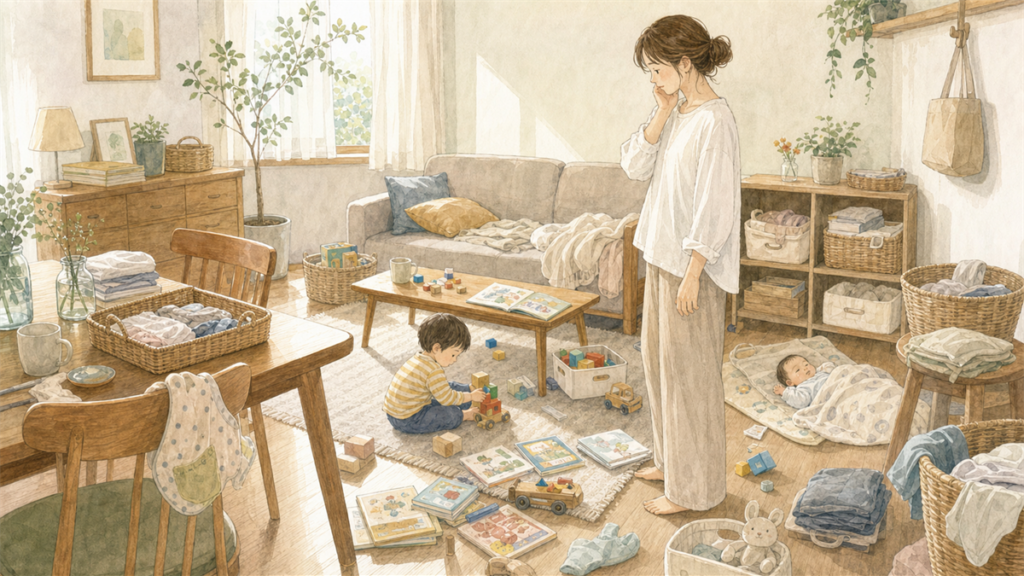 小さな子どもがいるリビングにおもちゃや育児用品が広がっているイラスト