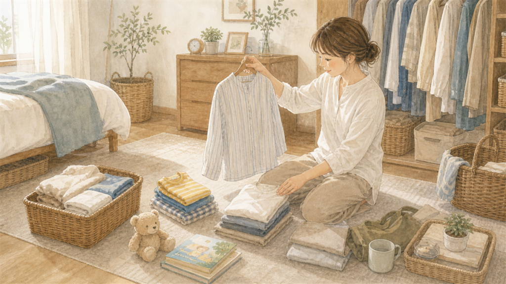 今の暮らしに合う服や持ち物を選んでいるイラスト