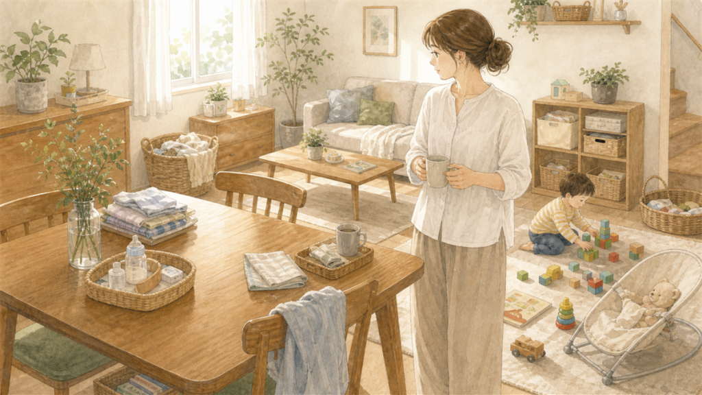 子育て中の家に日用品やおもちゃが自然に置かれているイラスト