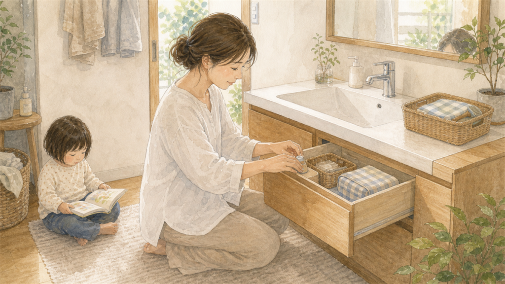 洗面台の小さな引き出しを短時間で整えているイラスト
