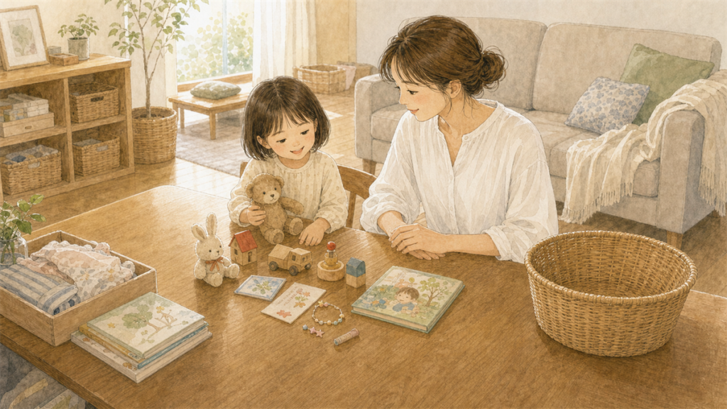 子どもが残したいお気に入りのおもちゃを選んでいるイラスト