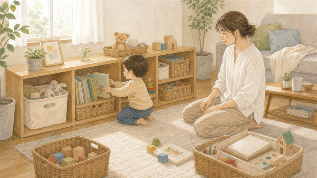 子どもが低い棚に絵本やおもちゃを戻しているイラスト
