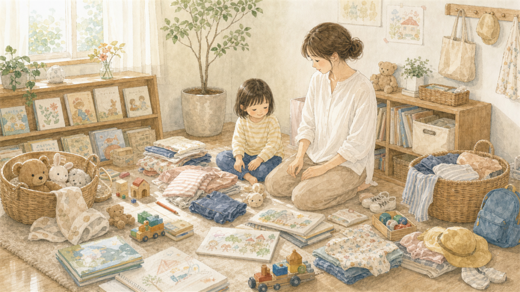 子どもの成長とともに増えたおもちゃや作品を親子で見ているイラスト