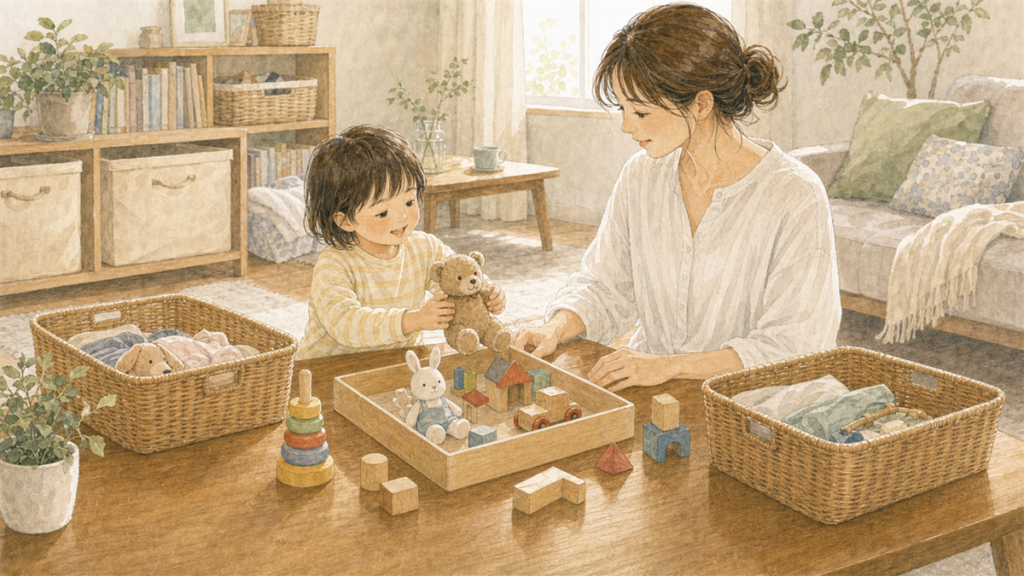親子で残したいおもちゃを一緒に選んでいるイラスト