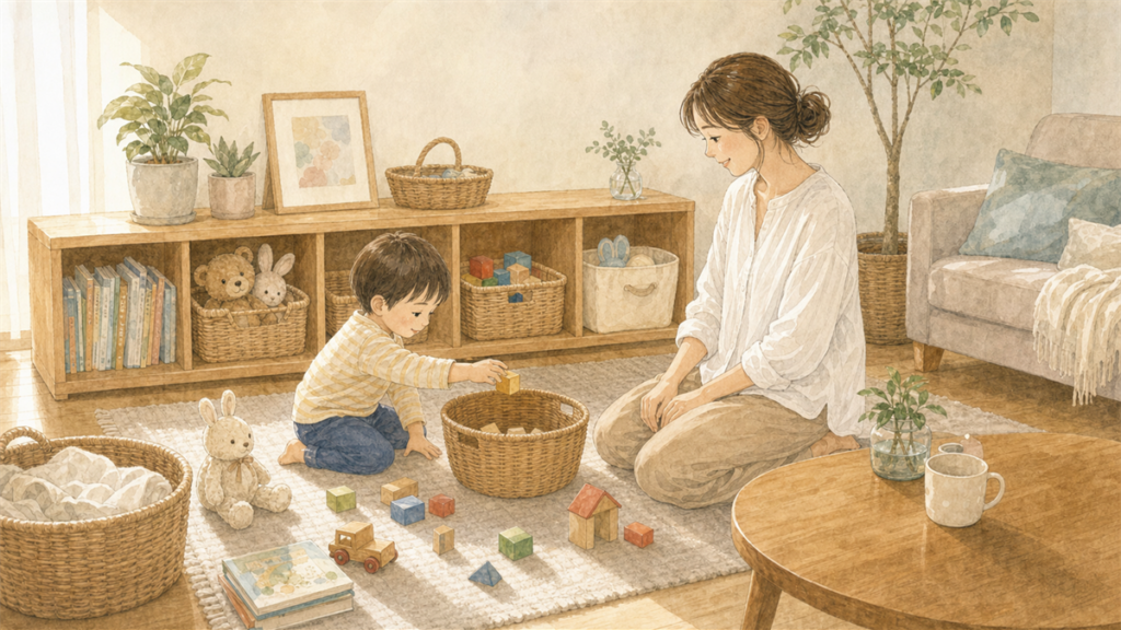 子どもが戻しやすい収納におもちゃを片付けているイラスト