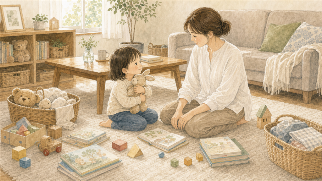 お気に入りのおもちゃを持つ子どもの気持ちを母親が受け止めているイラスト