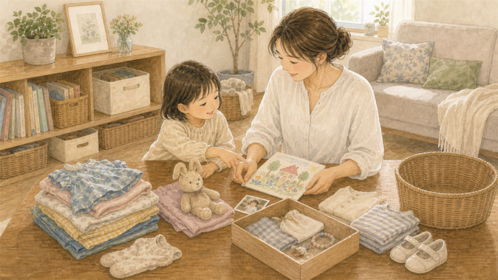 親子で残したい思い出の品を選んでいるイラスト