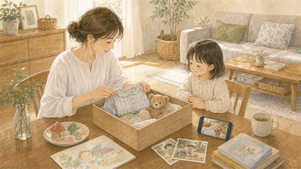 思い出の品を箱にしまい写真にも残しているイラスト