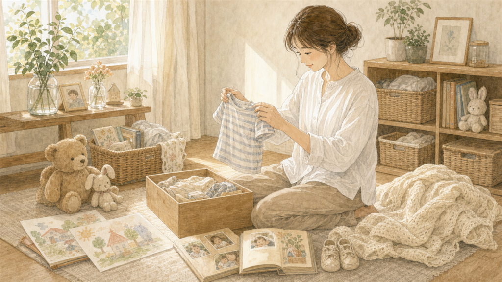 小さな子ども服を手に取り思い出を大切にしている母親のイラスト