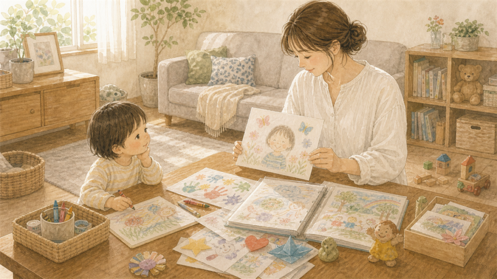 子どもの作品を見ながら成長の思い出を大切にしている親子のイラスト