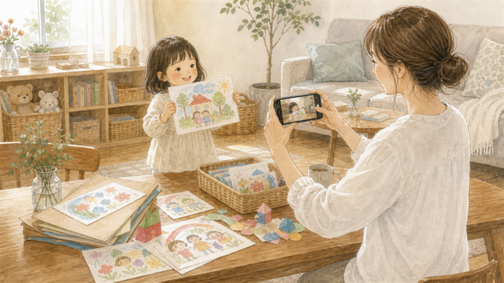 子どもが持つ作品を母親がスマホで撮影しているイラスト