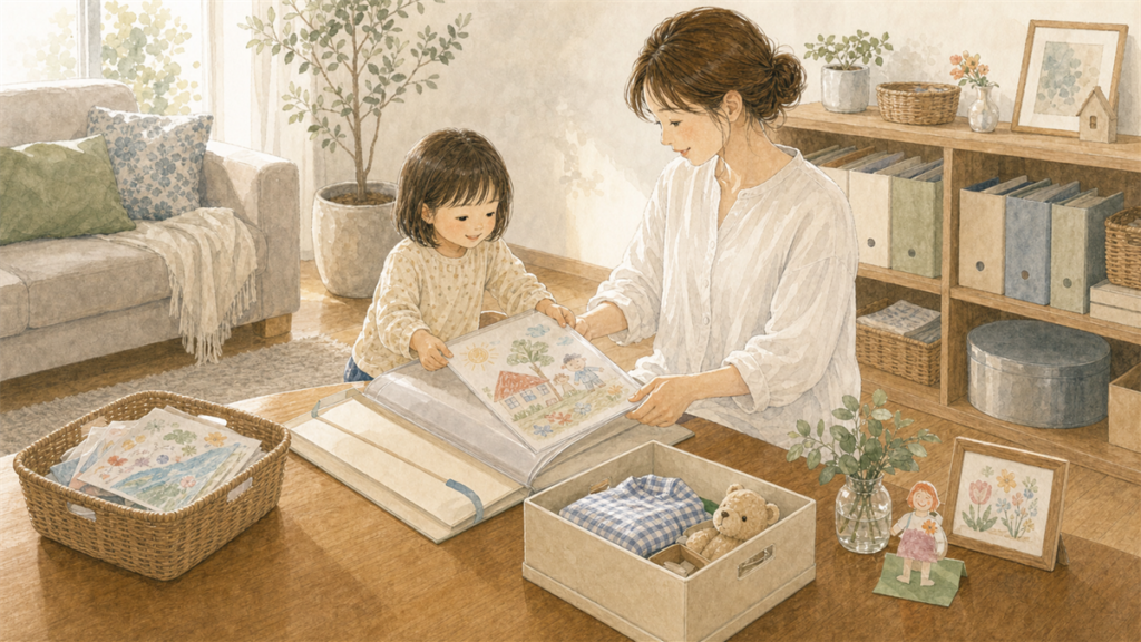 選んだ子どもの作品を親子でファイルに収納しているイラスト