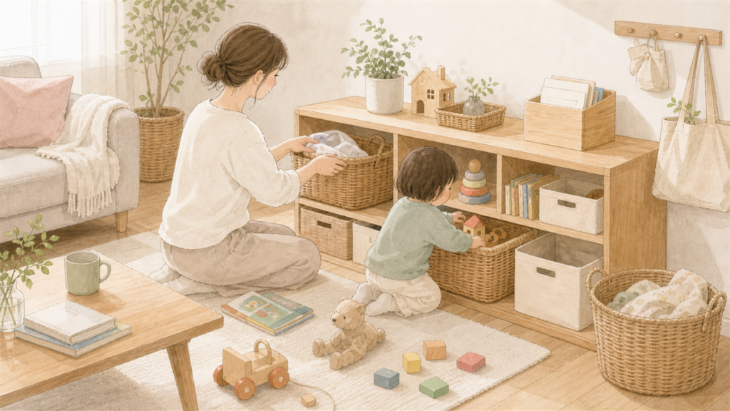 子どもと一緒におもちゃを戻しやすい収納へ片付ける様子