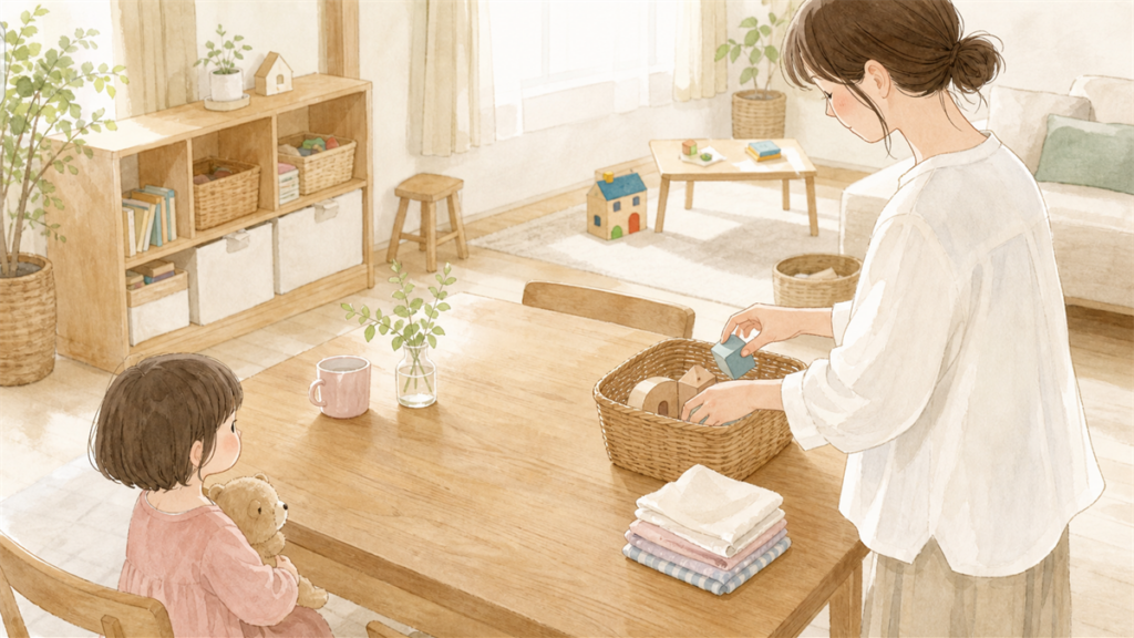 リビングの一か所から無理なく片付けを始める様子