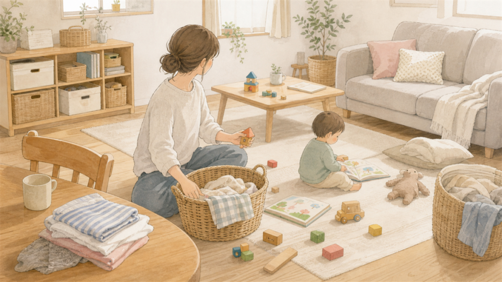 子育て中のリビングでおもちゃや洗濯物がある暮らしの様子