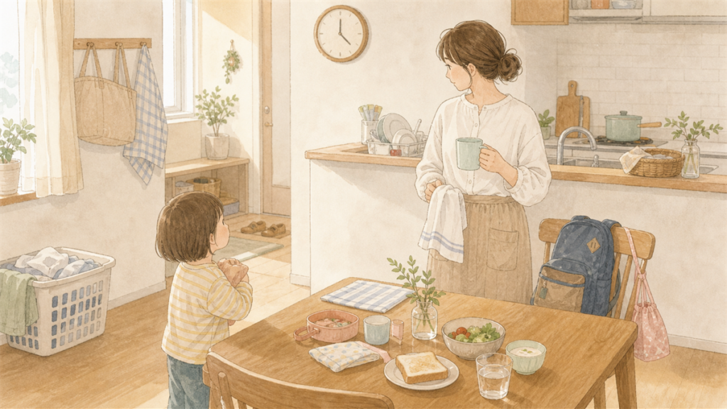 朝の忙しい時間に家事と子育てをするママの様子