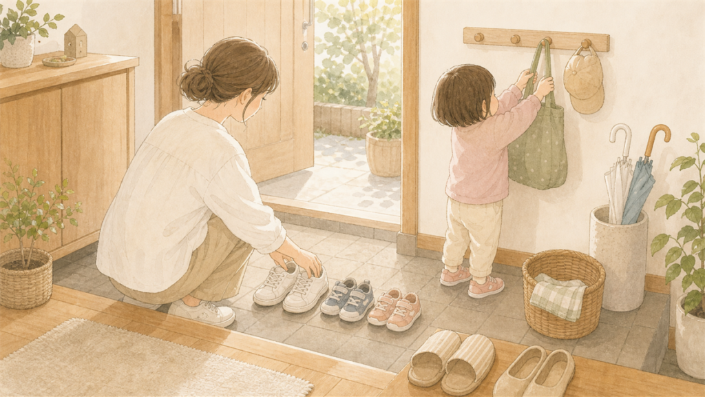 玄関で靴やバッグを少し整える親子の様子