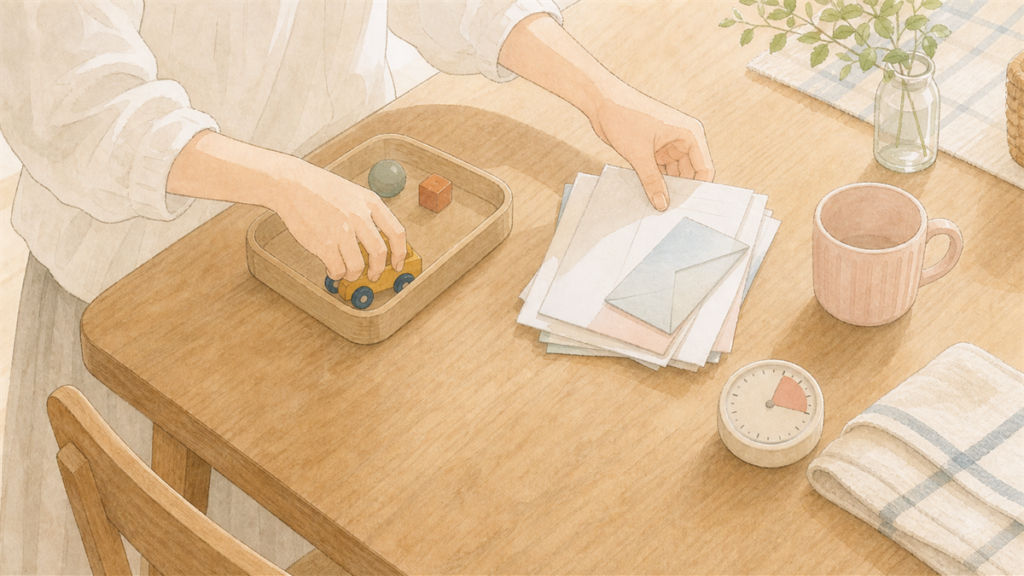 5分だけテーブルの上を片づける様子