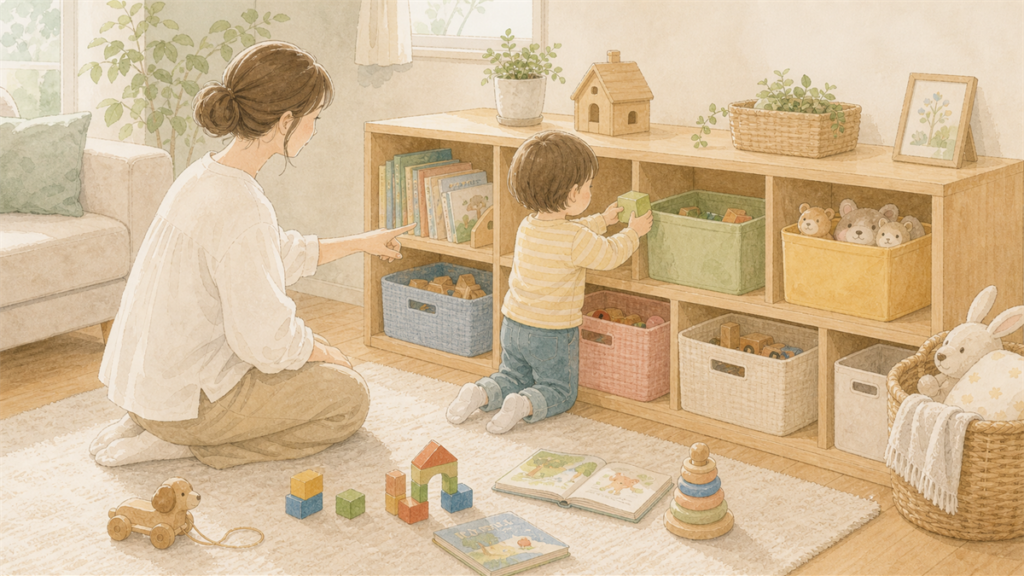 子どもが低い棚におもちゃを戻す様子