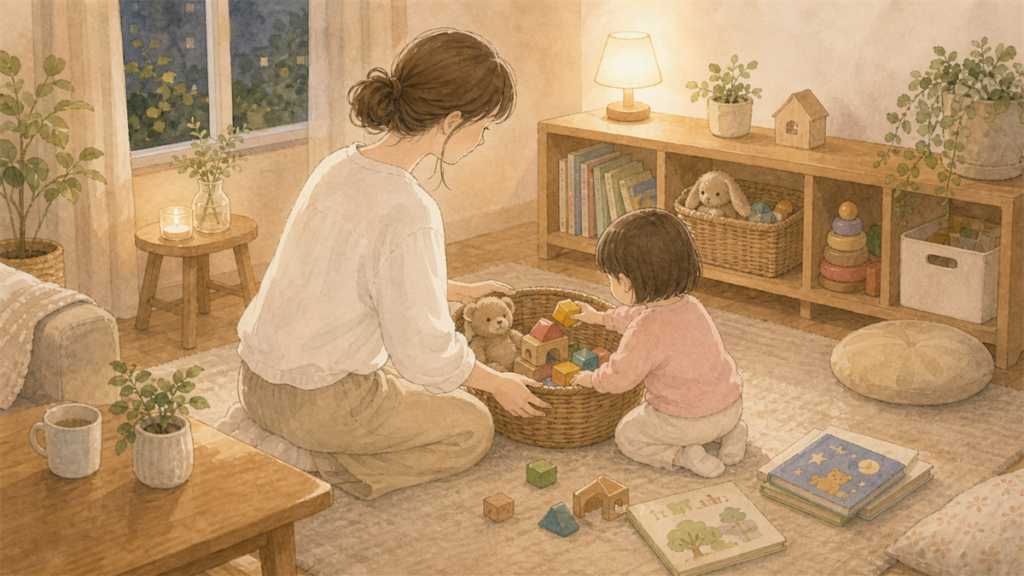 寝る前に親子でおもちゃを片付ける様子