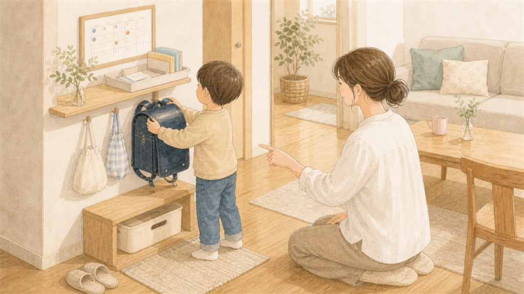 子どもがランドセルを決まった置き場所に戻す様子