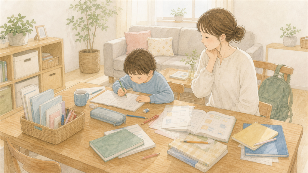 リビングで子どもが宿題をして教材が広がっている様子