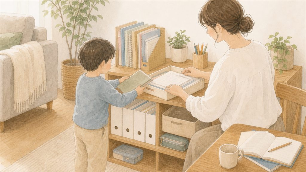 教材やプリントを親子で決まった場所に戻す様子