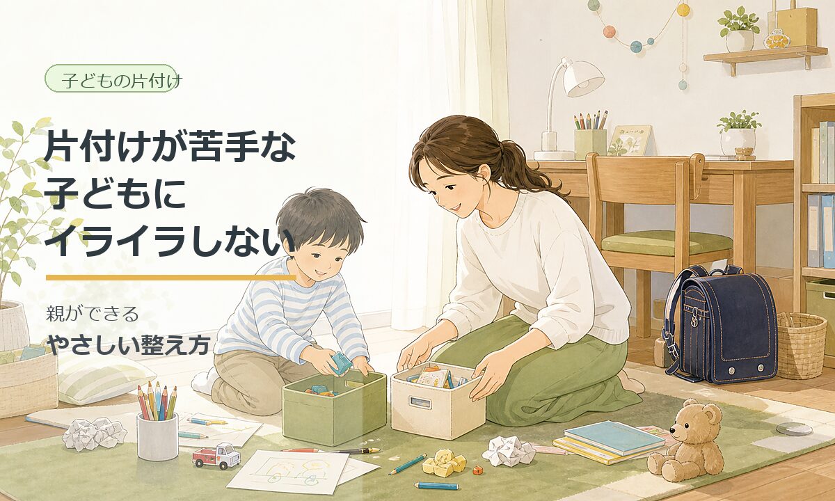 片付けが苦手な子どもと、やさしく見守る母親が明るい子ども部屋で一緒におもちゃや文房具を整理しているイラスト