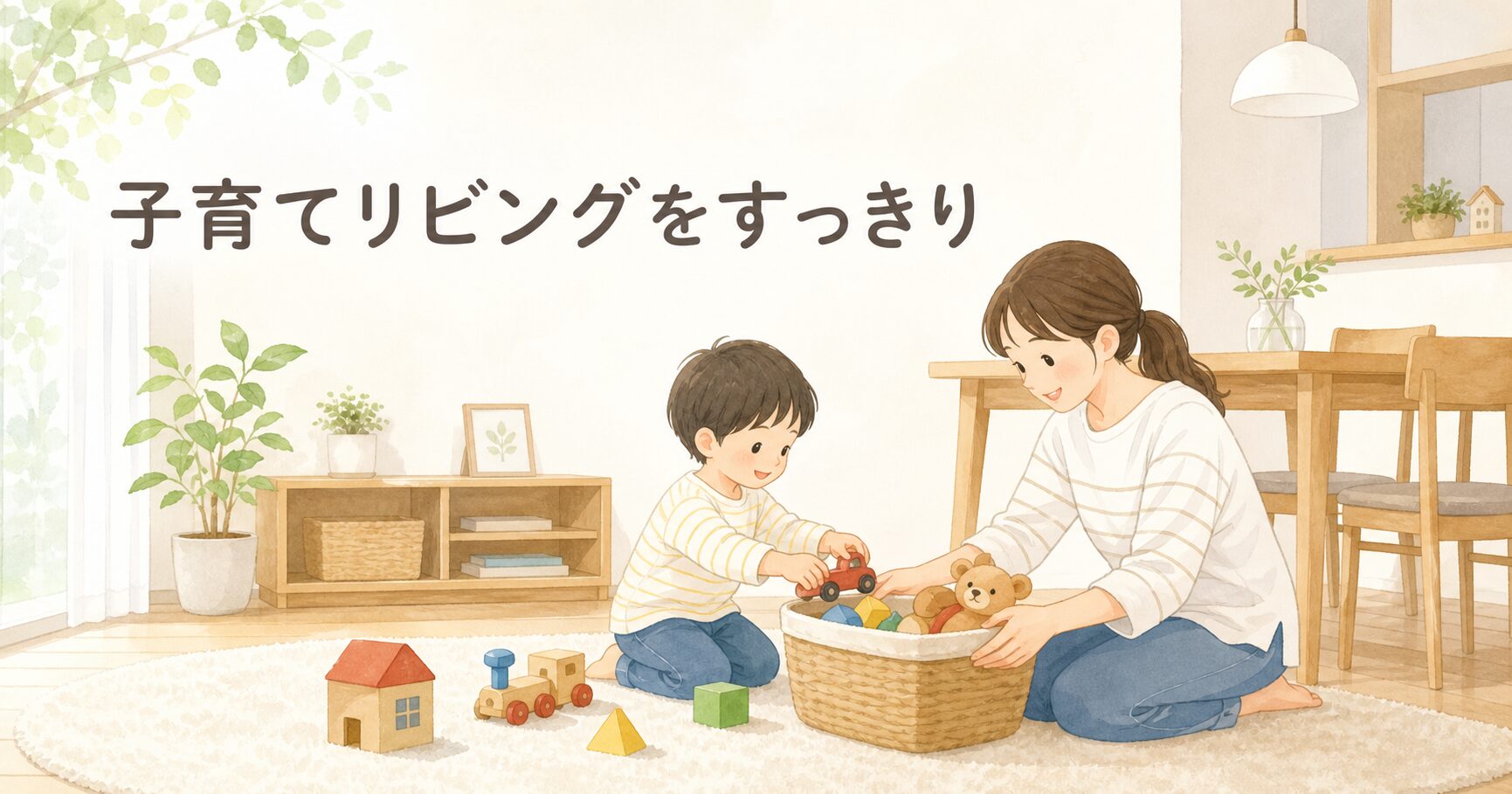 親子が過ごす明るいリビングで、家具とおもちゃがすっきり整っているイラスト