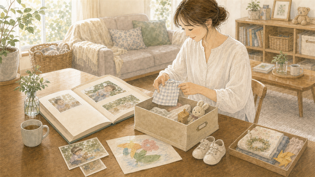 思い出箱とアルバムに子どもの記念品を残しているイラスト