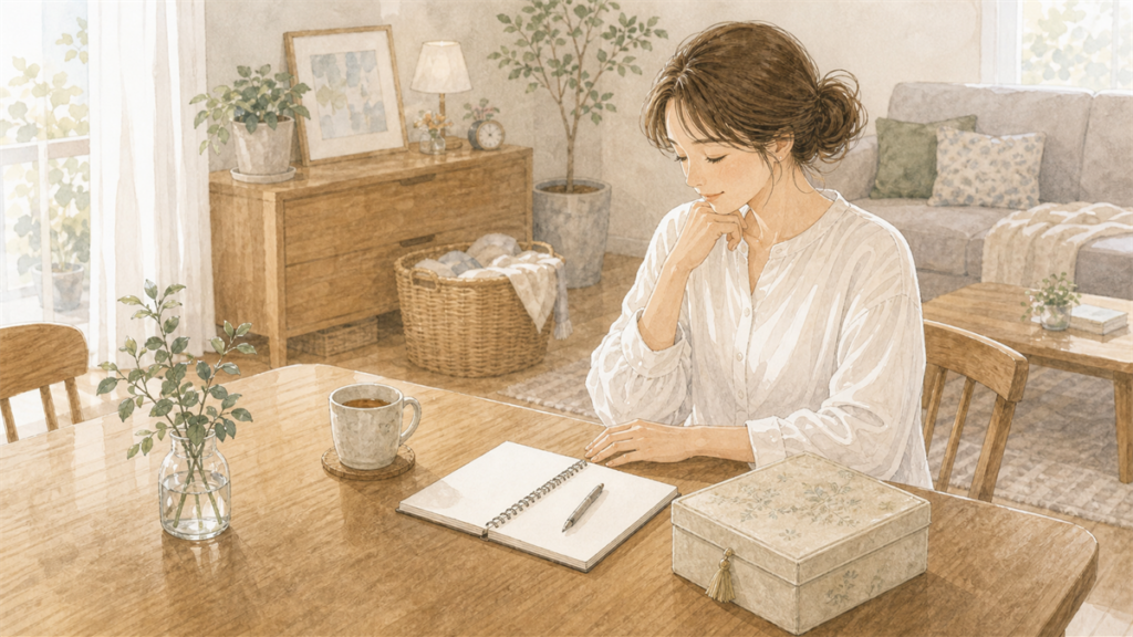 思い出の品を整理する前に気持ちを落ち着けている母親のイラスト