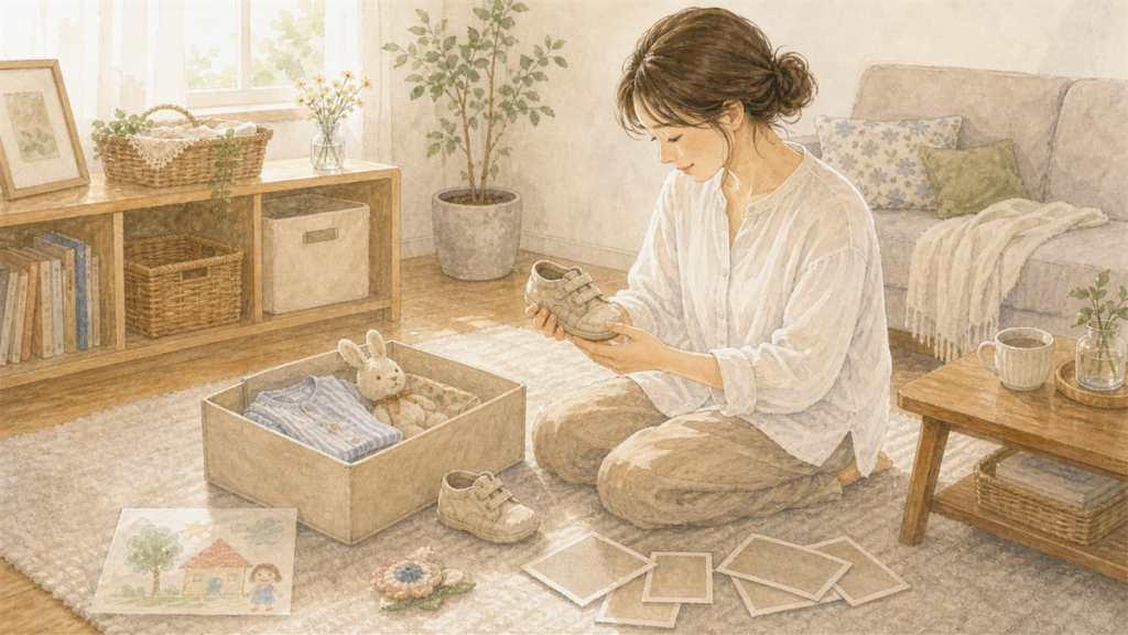 子どもの小さな靴と思い出の品を大切に見つめる母親のイラスト