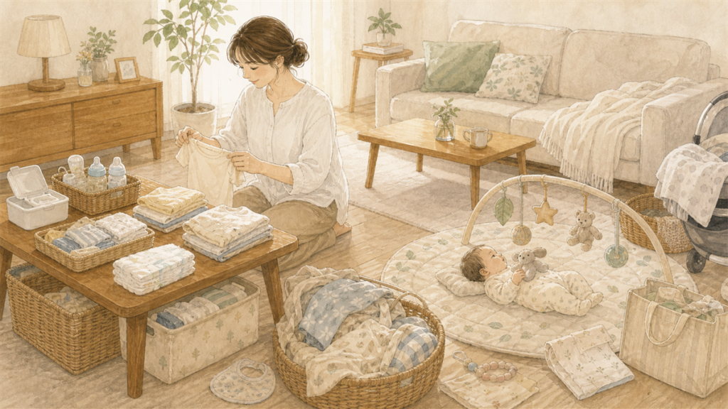 赤ちゃんとの暮らしで育児用品や服が自然に増えている部屋のイラスト