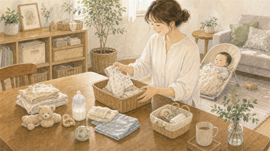 今の暮らしに必要な赤ちゃん用品を選んで整えているイラスト