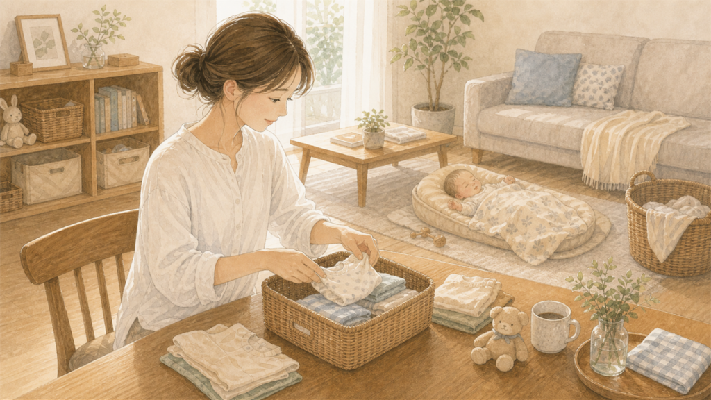 赤ちゃんが寝ている間に小さなかごを整えている母親のイラスト
