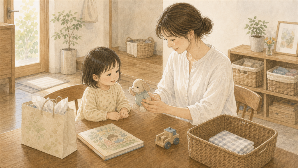 新しいおもちゃの置き場所を親子で考えているイラスト